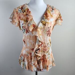 Violet & Claire Ruffle Blouse Womens Medium Peach Floral Peplum Cottage Coquette
